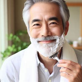 中高年男性、日本人、笑顔で髭剃りを行っている、写真。画像 3/3